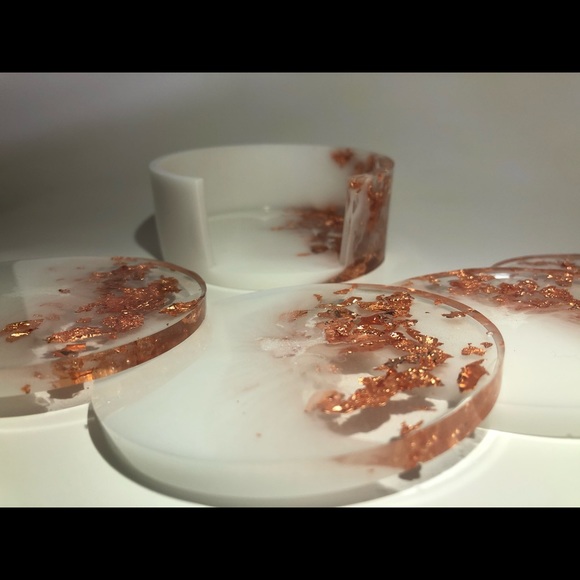 Copper/Rose Gold & White Coaster Set With Holder - Picture 4 of 14